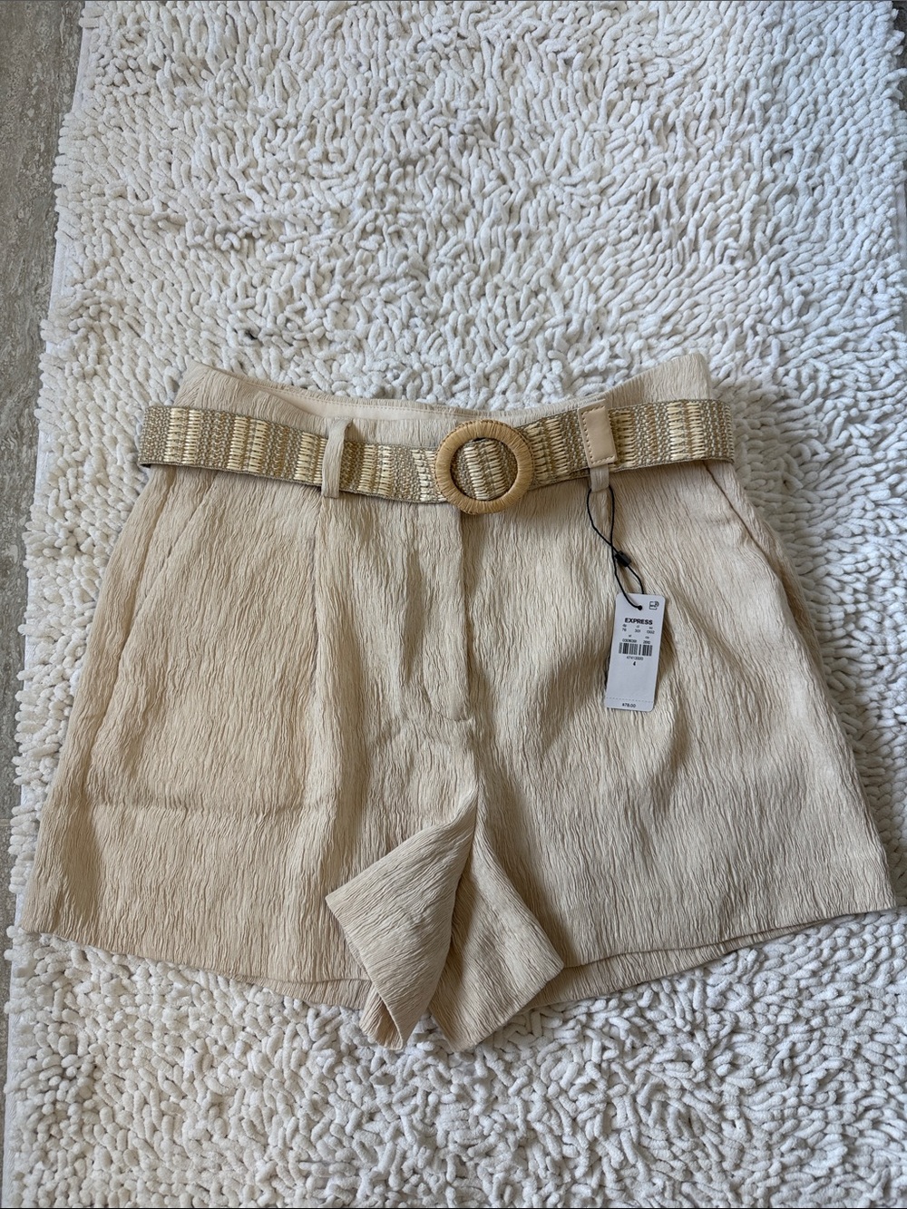 Express Cream High-Waist Textured Shorts with Woven Belt